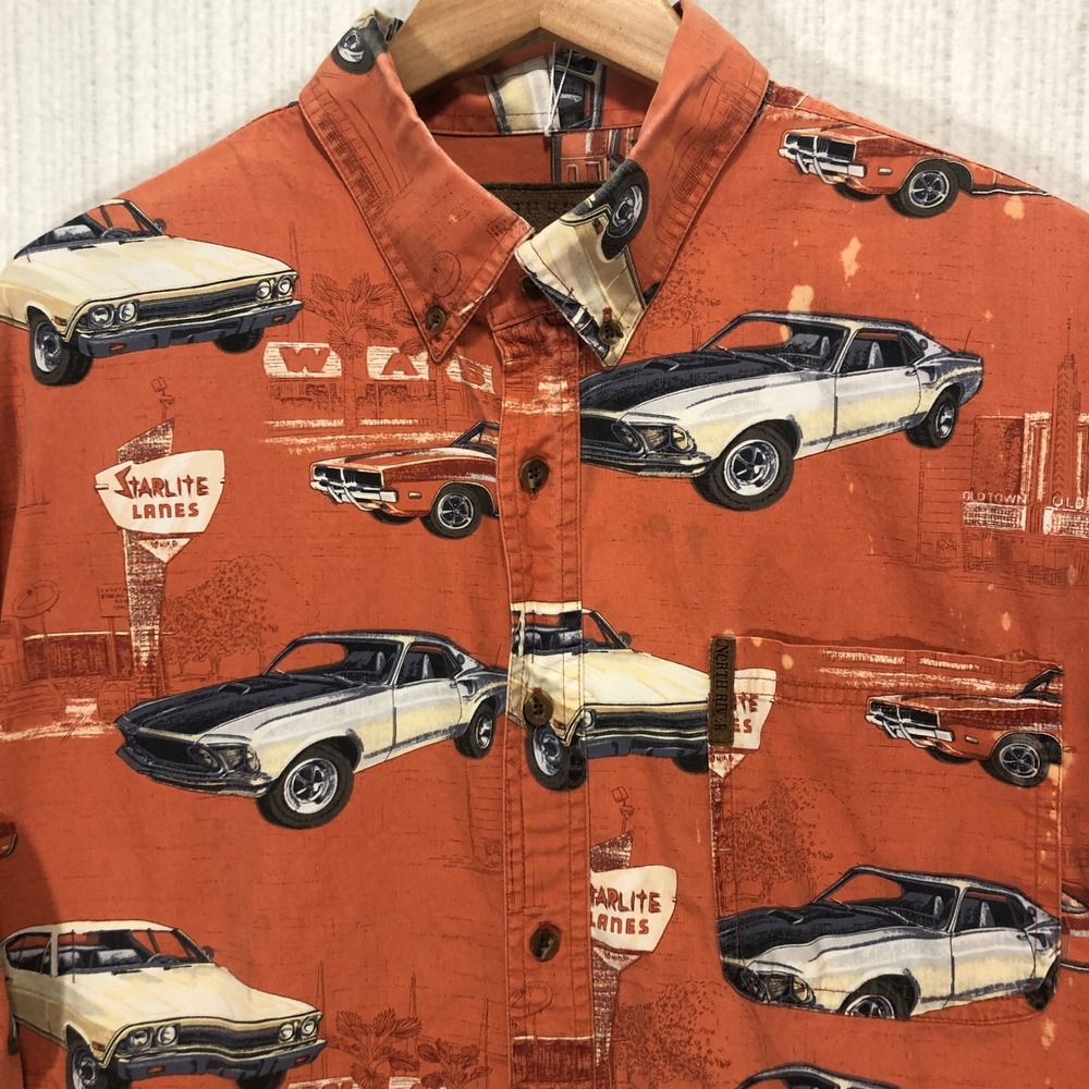 North River Outfitters Men's Orange Car Print‎ Button Up Shirt XL 100 Cotton